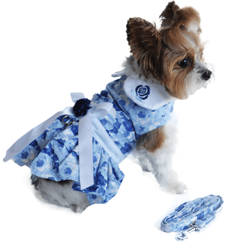 Blue Rose Harness Dress with Matching Leash - Pooch Luxury