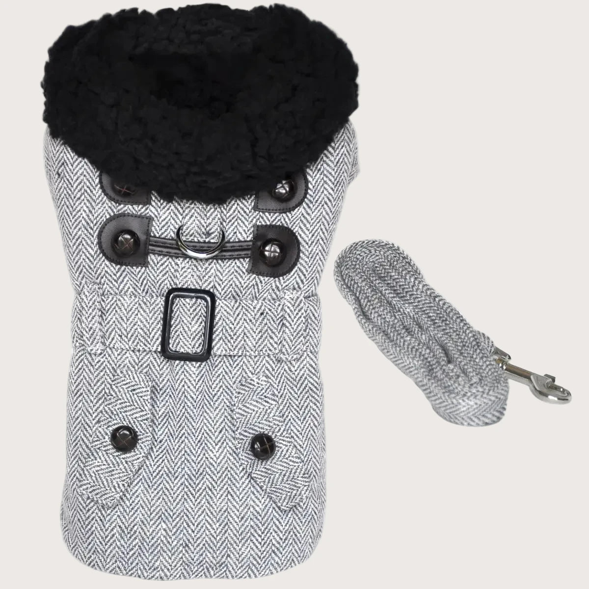 Grey Herringbone Dog Coat with Leash
