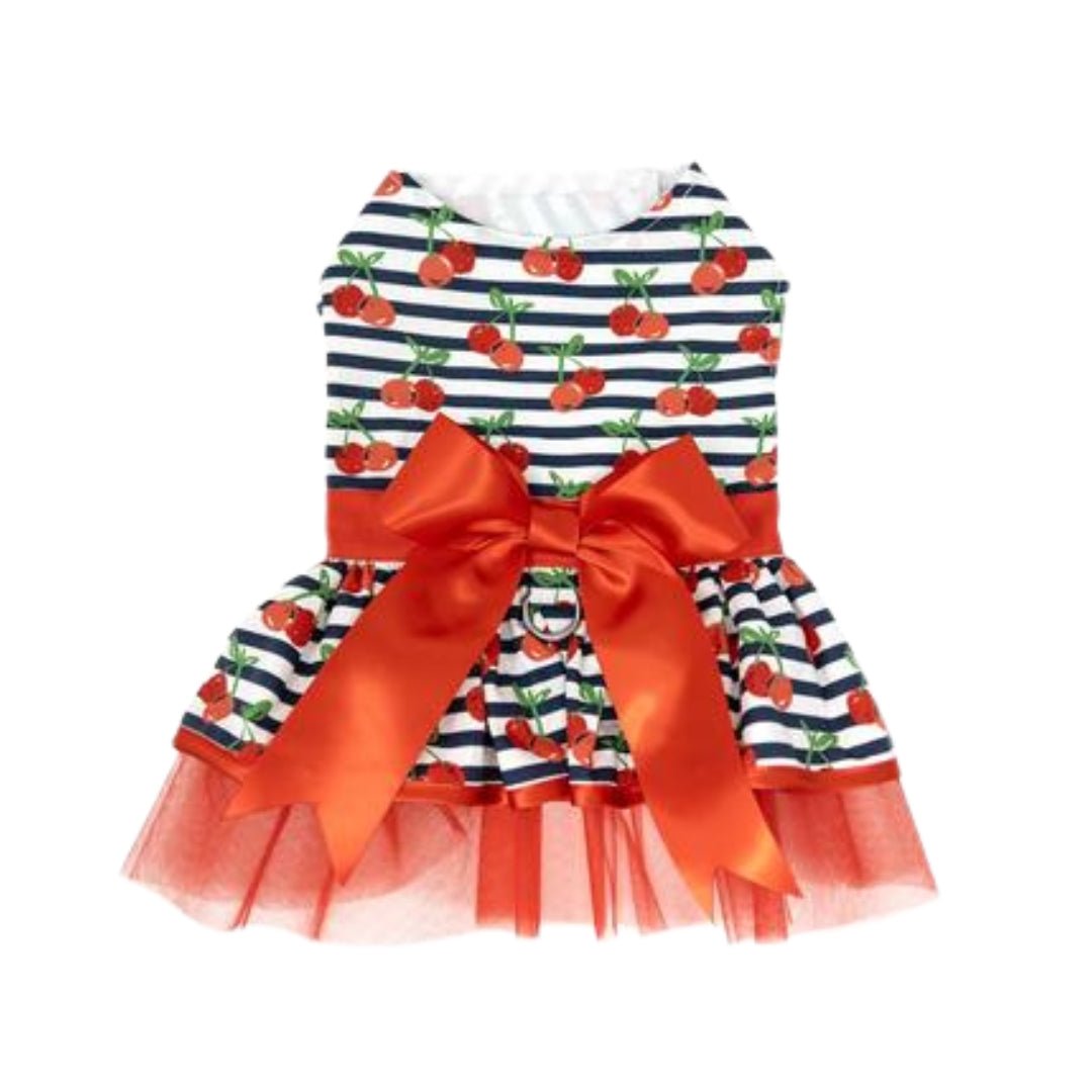 Cherry Stripe Harness Dress with Matching Leash - Pooch Luxury