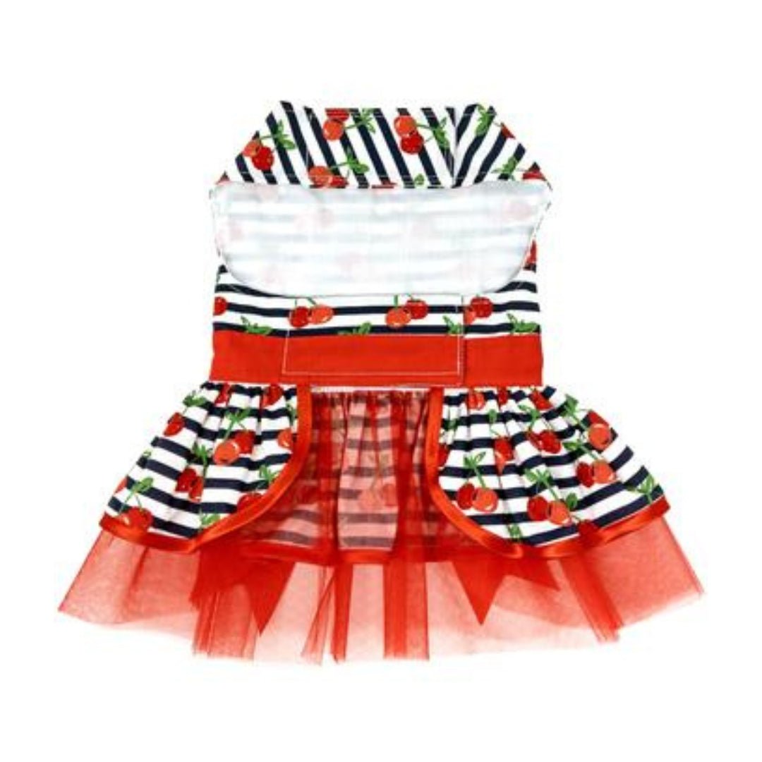 Cherry Stripe Harness Dress with Matching Leash - Pooch Luxury