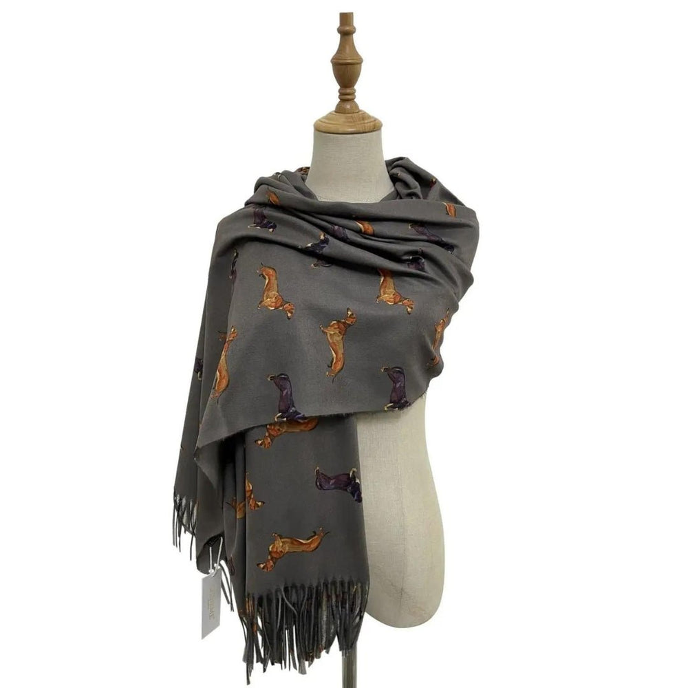 Dachshund Sausage Dog Print Tassel Scarf - Grey - Pooch Luxury