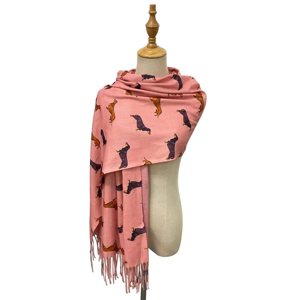 Dachshund Sausage Dog Print Tassel Scarf - Pink - Pooch Luxury