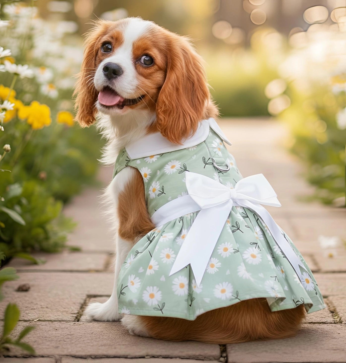 Mint Green Daisy Dog Dress With Matching Leash - Pooch Luxury