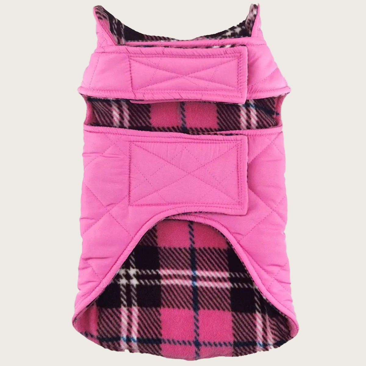 Reversible Fleece Lined Puffer Dog Coat - Pink Plaid - Pooch Luxury