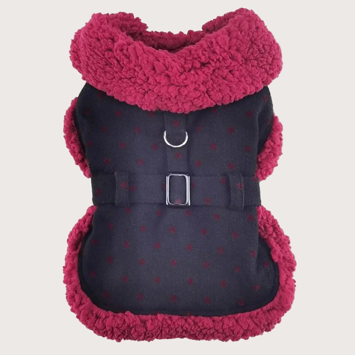 Sherpa-Lined Dog Harness Coat - Black and Burgundy Dots - Pooch Luxury