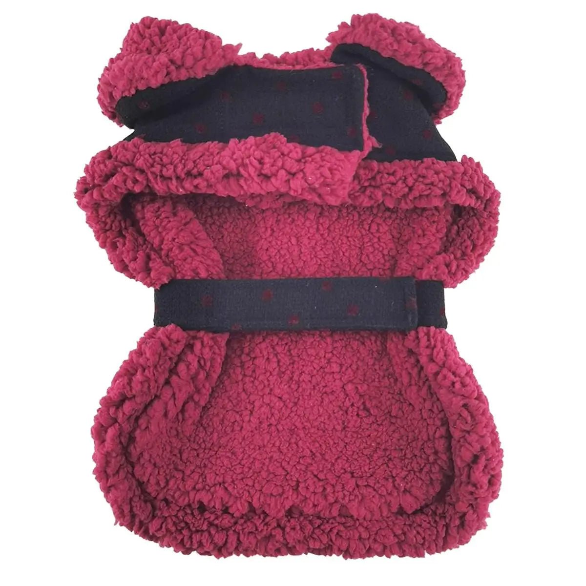Sherpa-Lined Dog Harness Coat - Black and Burgundy Dots - Pooch Luxury