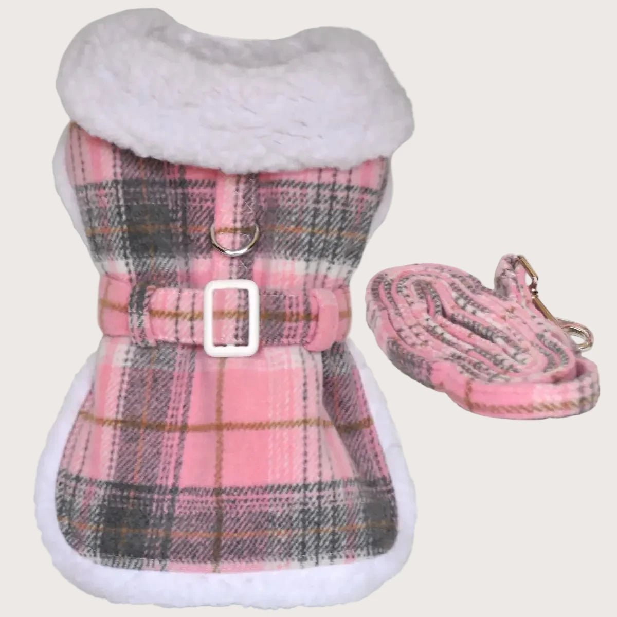 Sherpa-Lined Dog Harness Coat - Pink & White Plaid - Pooch Luxury