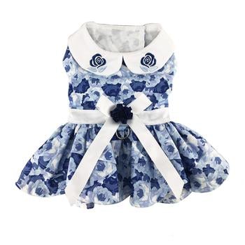 Blue Rose Harness Dress with Matching Leash - Pooch Luxury