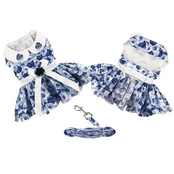 Blue Rose Harness Dress with Matching Leash - Pooch Luxury