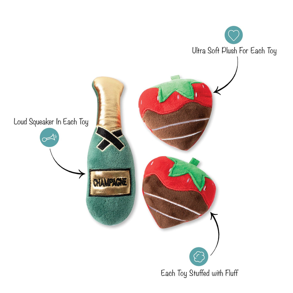 Champagne and Strawberries 3 Piece Small Dog Toy Set - Pooch Luxury