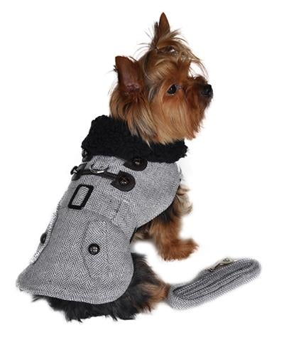 
                  
                    Grey Herringbone Dog Coat with Leash - Pooch Luxury
                  
                