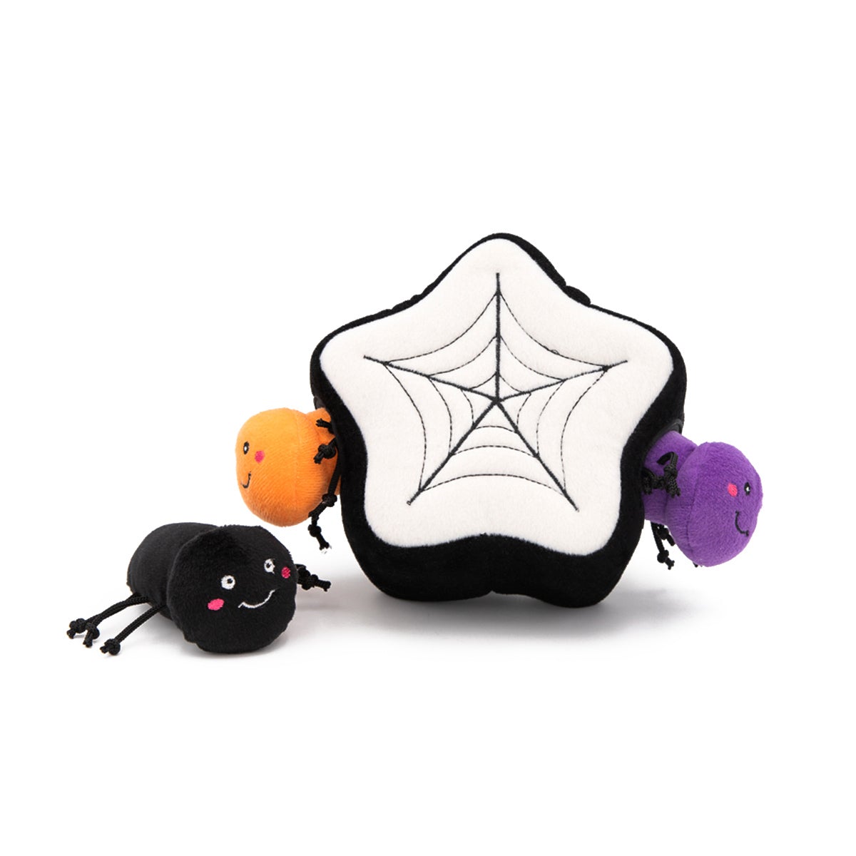 Halloween Burrow Interactive Dog Toy - 3 Squeaker Spiders in a Spiderweb - Pooch Luxury