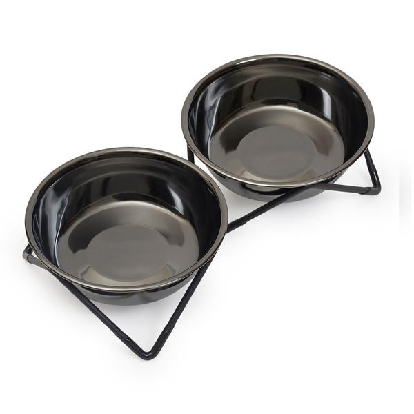 Meow Meow - Double Cat Bowl - Black/Nickel - Pooch Luxury