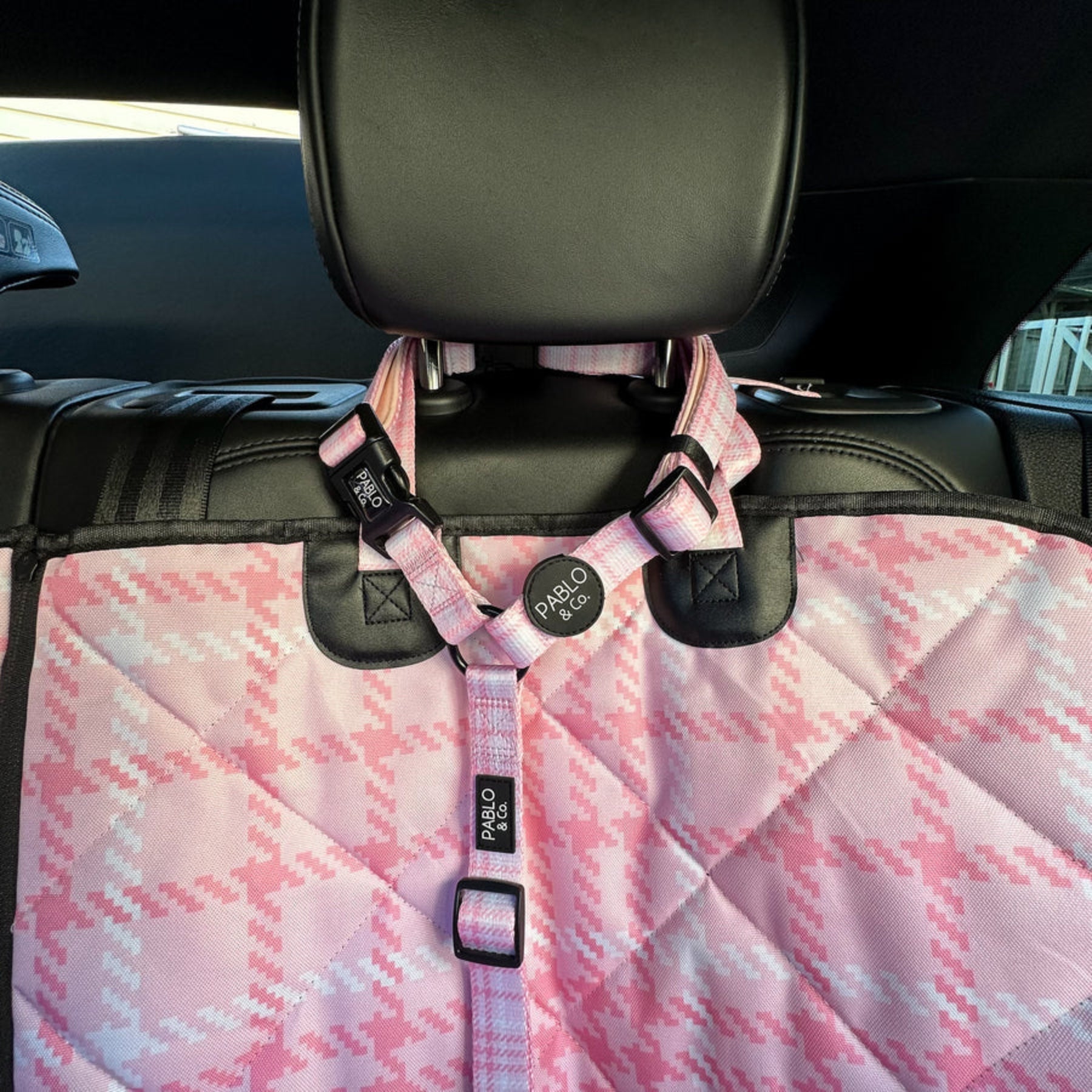 Pink Houndstooth Headrest Car Restraint - Pooch Luxury