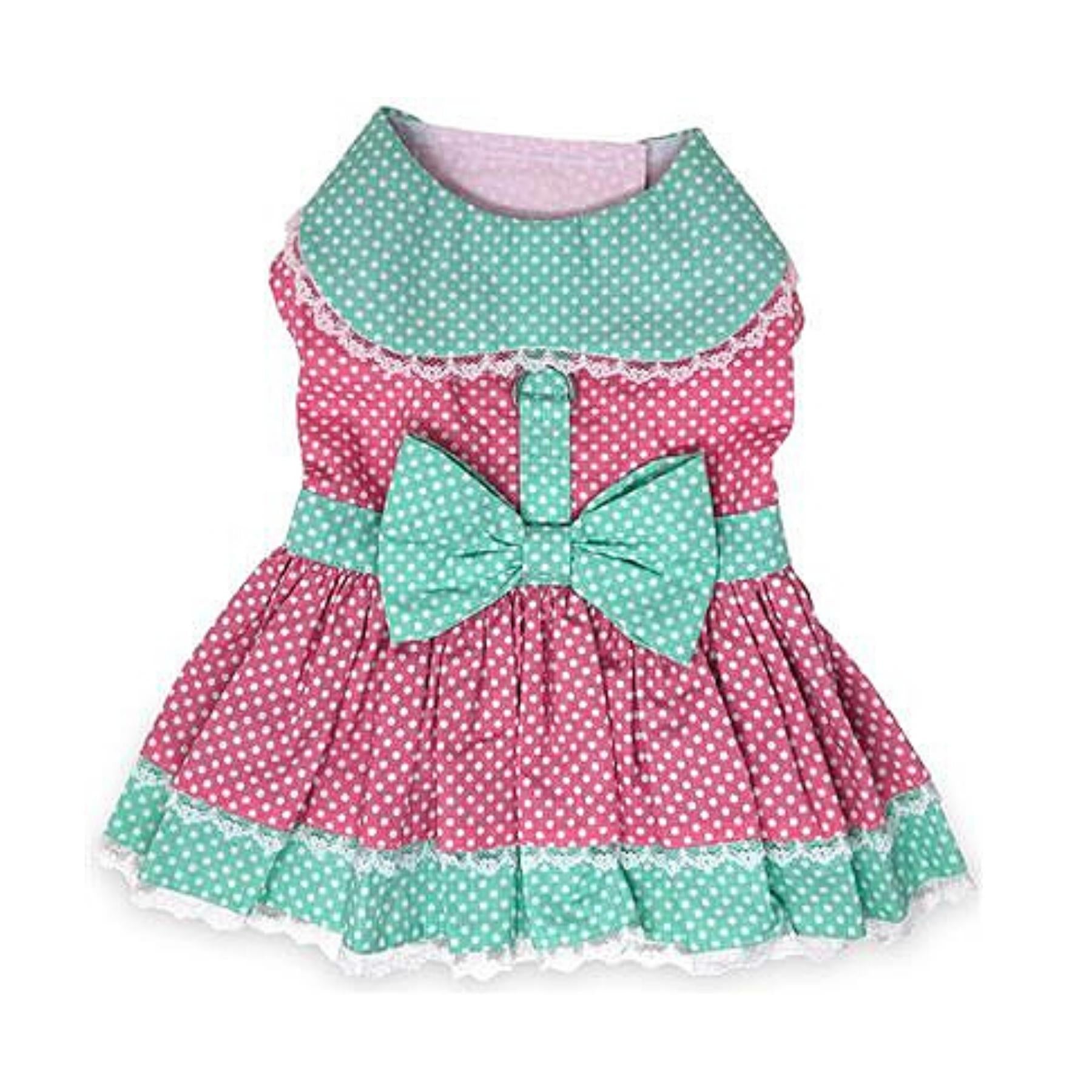 Polka Dot & Lace Dress with Matching Leash - Pink & Teal - Pooch Luxury