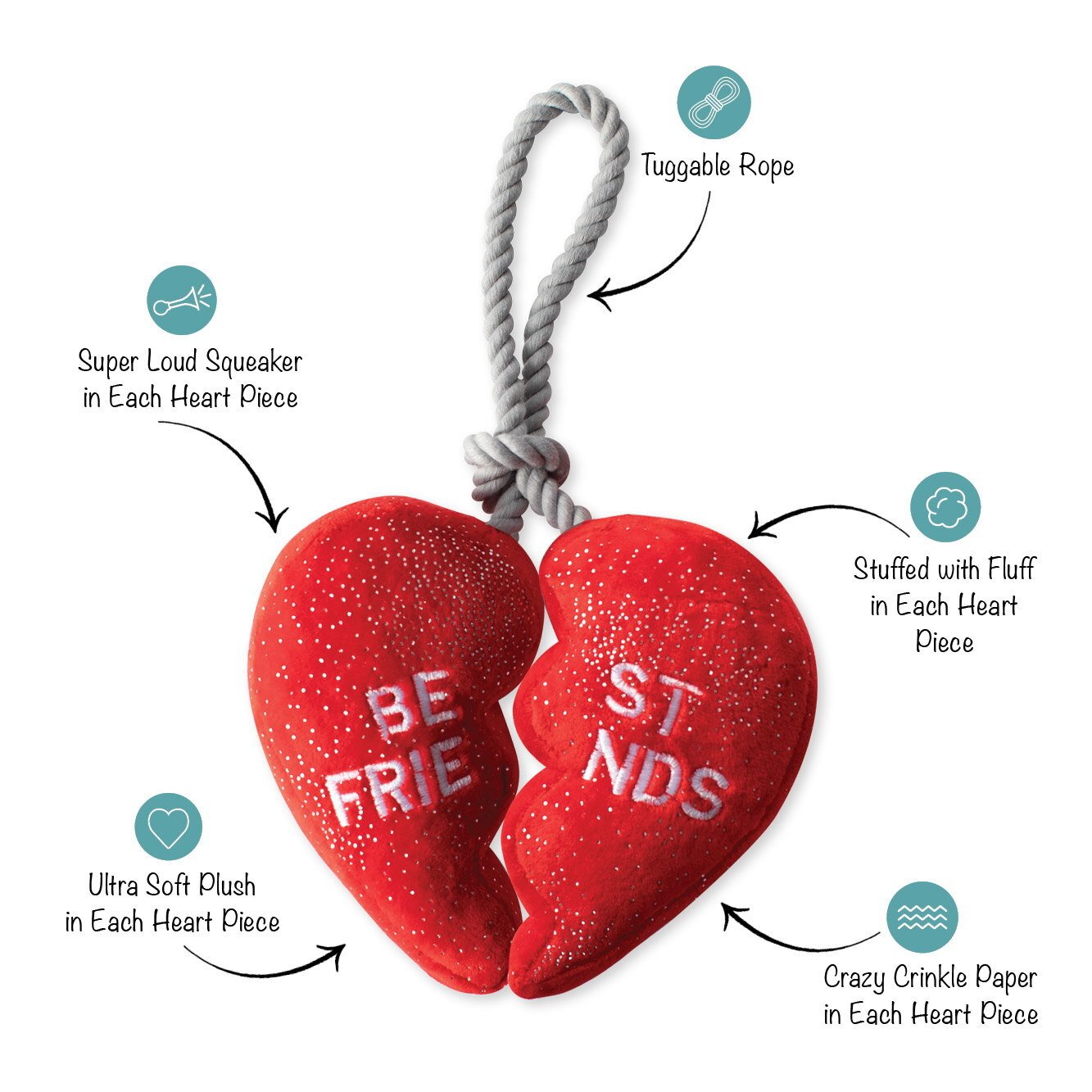 Rope & Plush Squeaker Valentine's Day Dog Toy - Besties 4Ever - Pooch Luxury