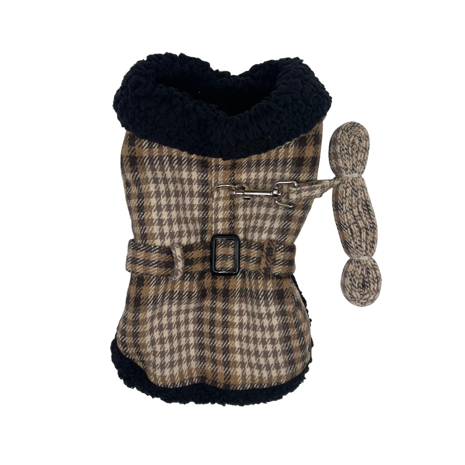 Sherpa-Lined Dog Harness Coat - Brown & White Plaid - Pooch Luxury