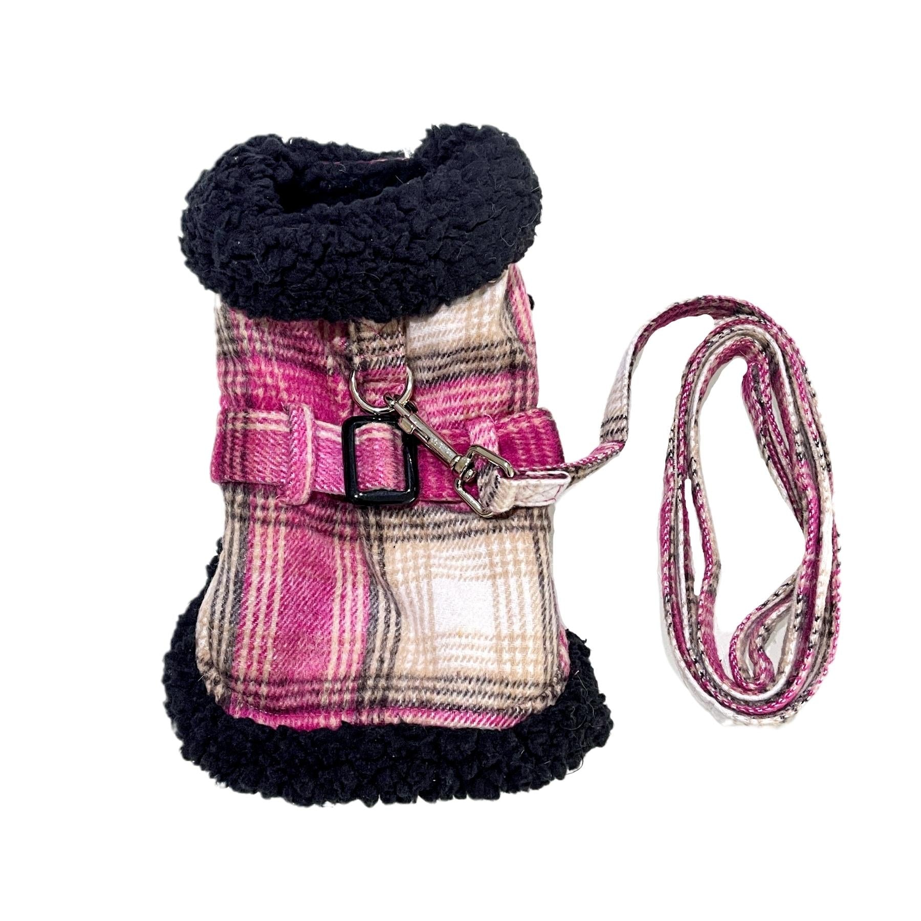 Sherpa-Lined Dog Harness Coat - Hot Pink & Tan Plaid - Pooch Luxury