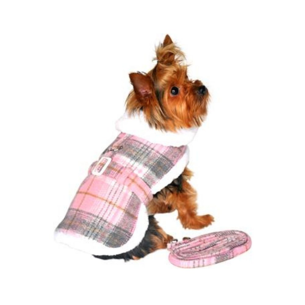 Sherpa-Lined Dog Harness Coat - Pink & White Plaid - Pooch Luxury